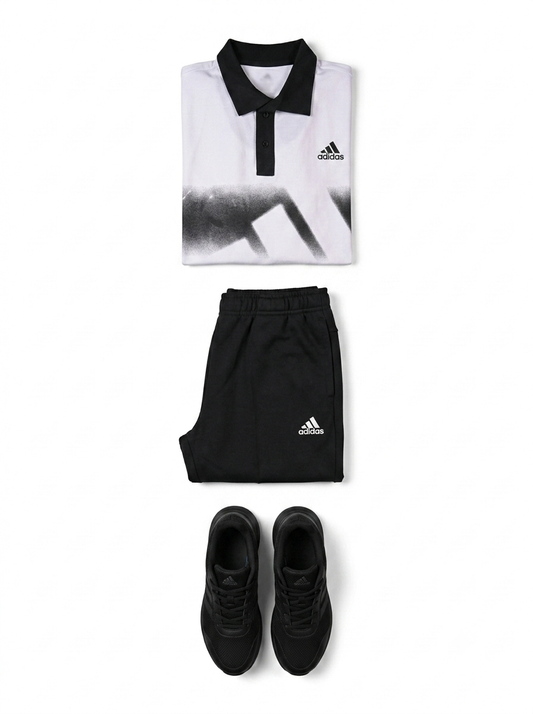 Chest Stripe Polo Set - White /Black