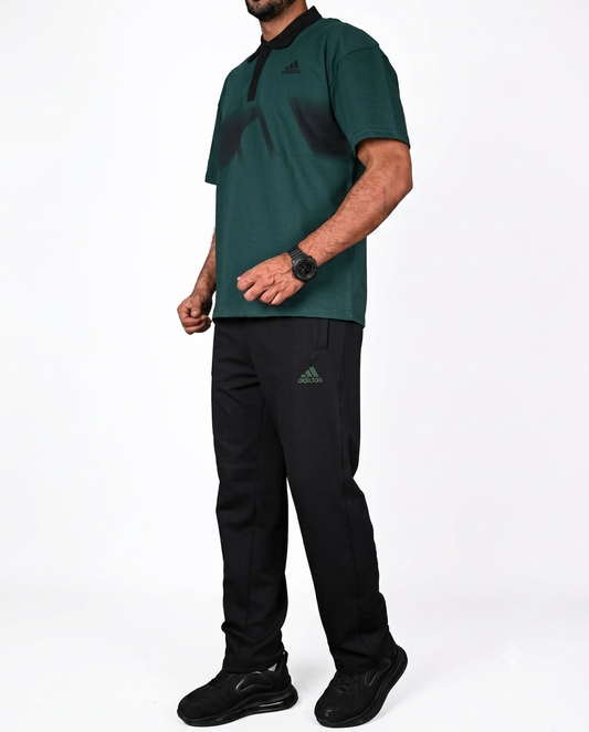 Chest Stripe Polo Set- Green black