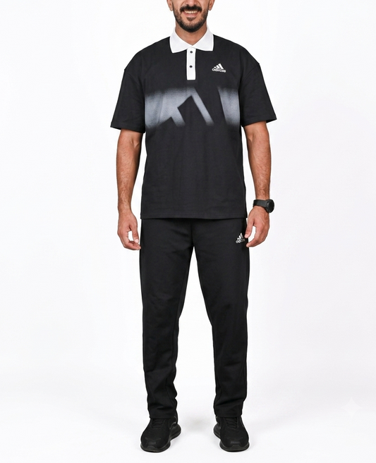 Chest Stripe Polo Set- Black