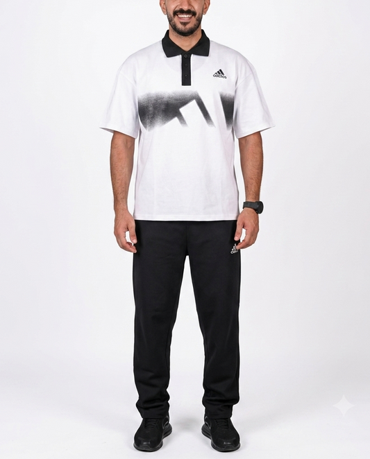 Chest Stripe Polo Set - White /Black