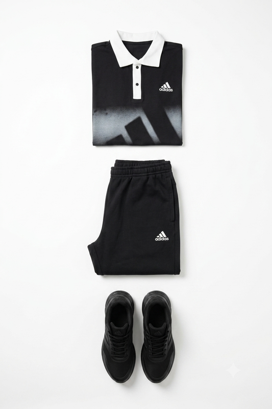 Chest Stripe Polo Set- Black
